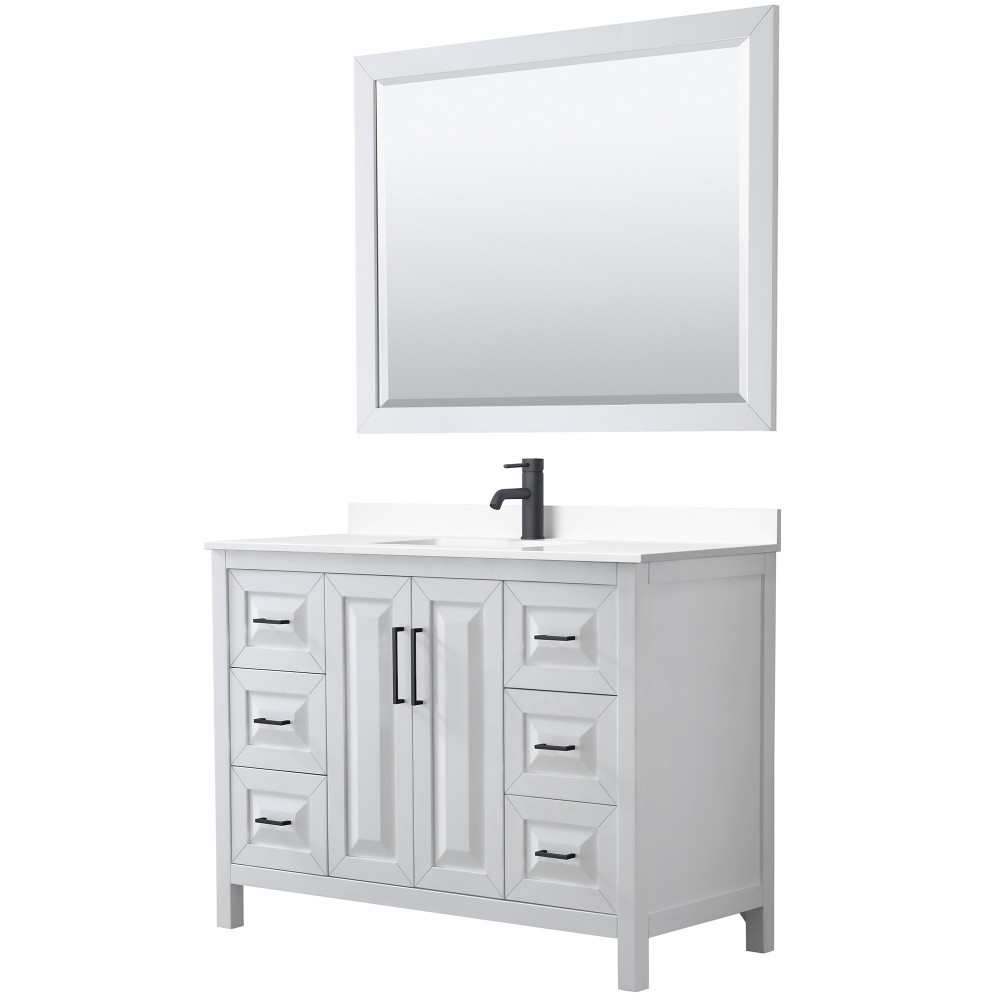 Daria 48" Single Vanity in White, White Marble Top, Black Trim, 46" Mirror