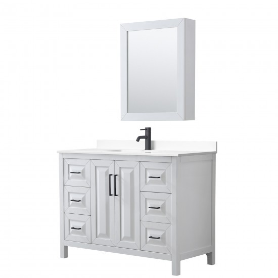 Daria 48" Single Vanity in White, White Marble Top, Black Trim, Medicine Cabinet