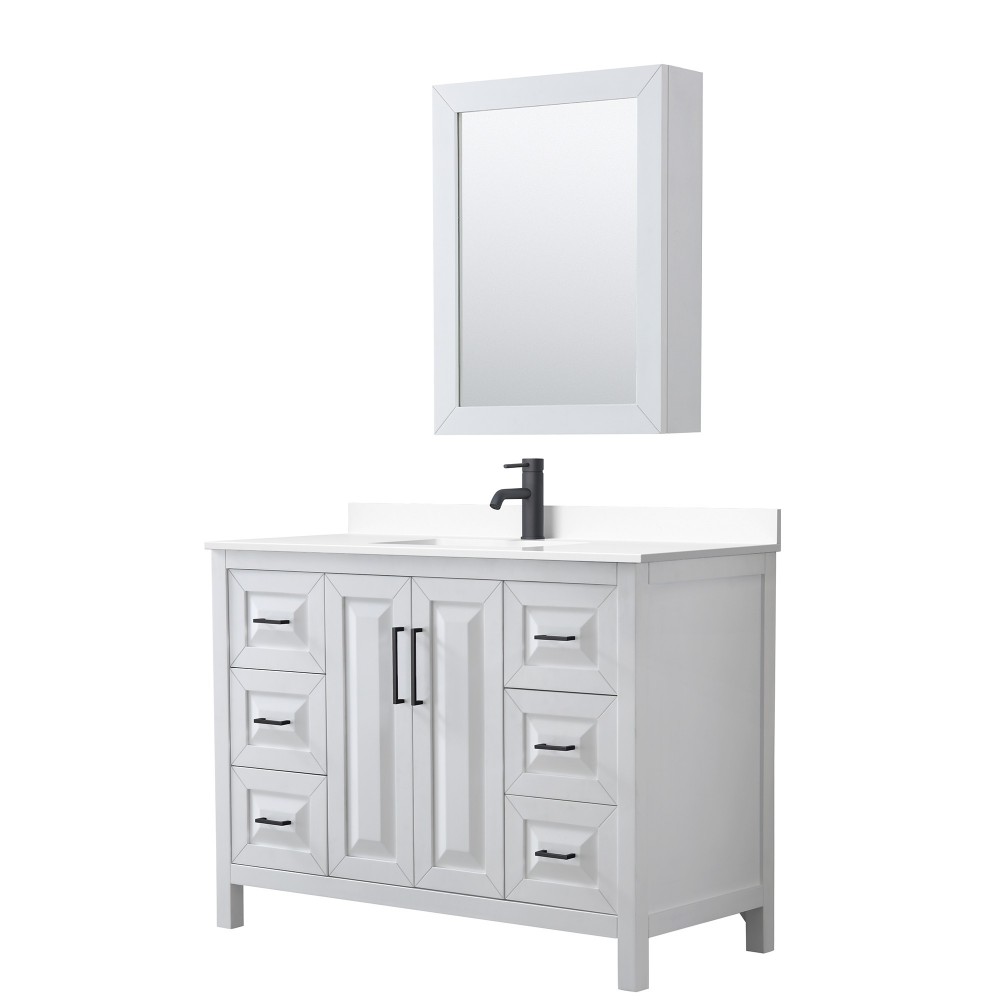 Daria 48" Single Vanity in White, White Marble Top, Black Trim, Medicine Cabinet