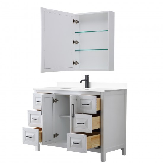 Daria 48" Single Vanity in White, White Marble Top, Black Trim, Medicine Cabinet