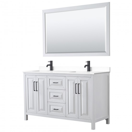 Daria 60" Double Vanity in White, White Marble Top, Black Trim, 58" Mirror