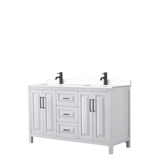 Daria 60" Double Vanity in White, White Cultured Marble Top, Black Trim