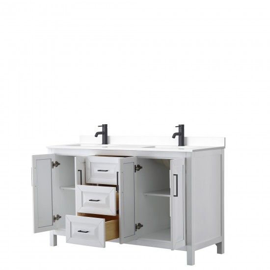 Daria 60" Double Vanity in White, White Cultured Marble Top, Black Trim