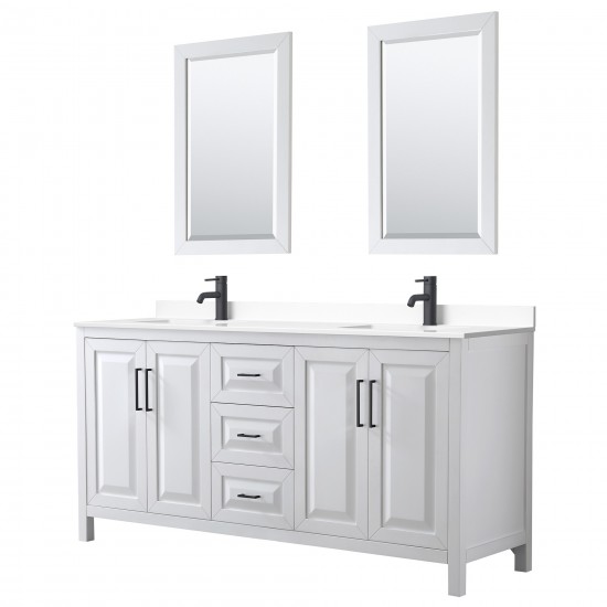 Daria 72" Double Vanity in White, White Marble Top, Black Trim, 24" Mirrors