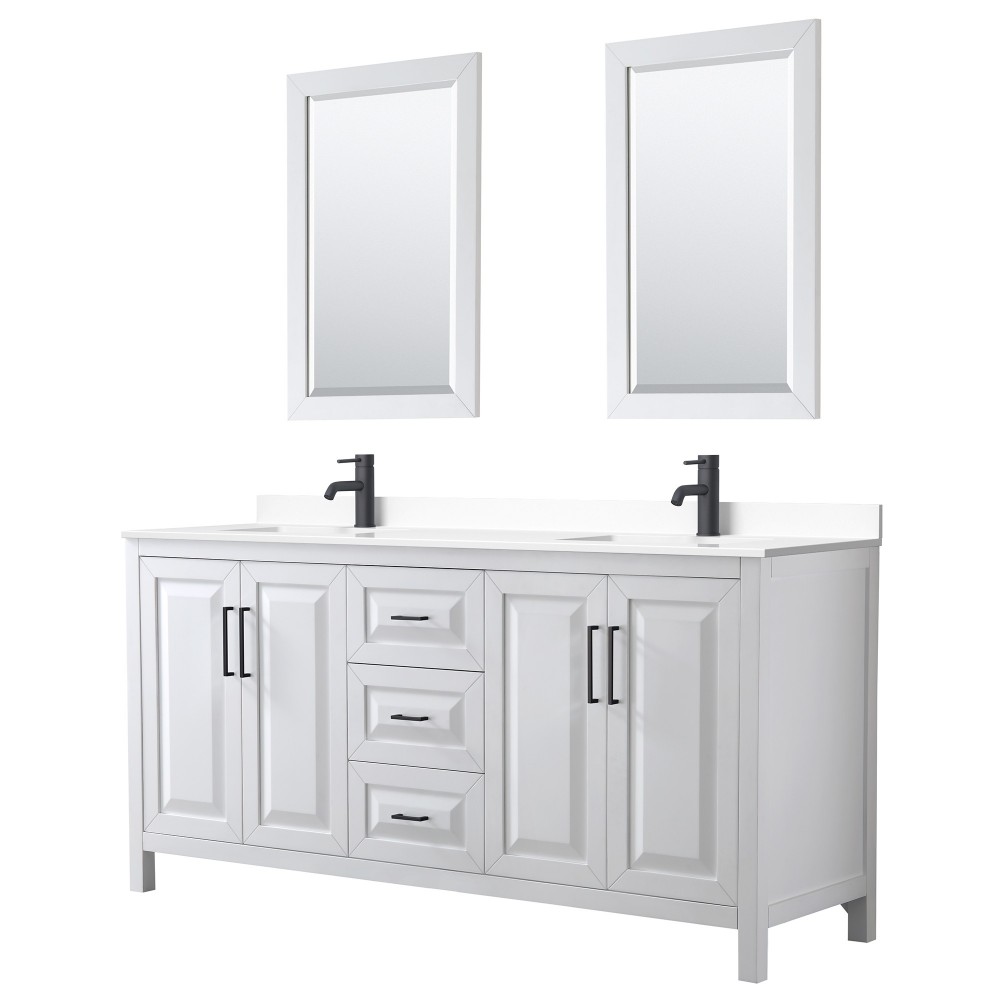 Daria 72" Double Vanity in White, White Marble Top, Black Trim, 24" Mirrors