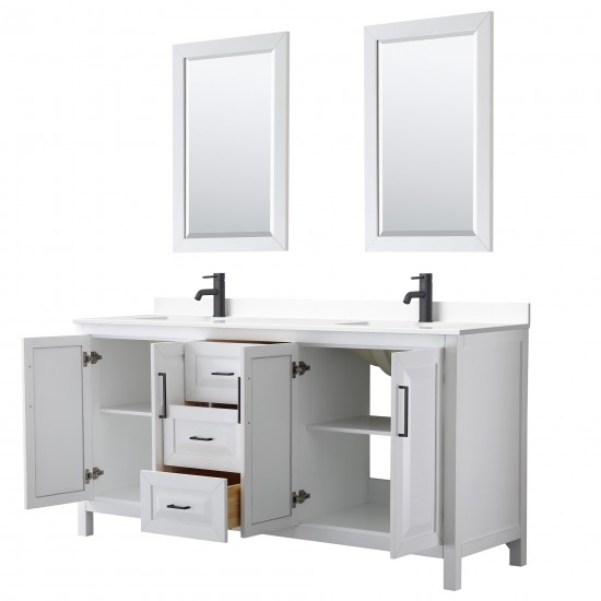 Daria 72" Double Vanity in White, White Marble Top, Black Trim, 24" Mirrors