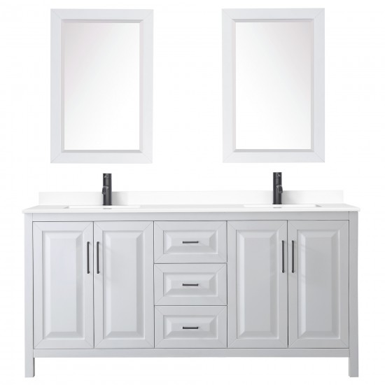 Daria 72" Double Vanity in White, White Marble Top, Black Trim, 24" Mirrors