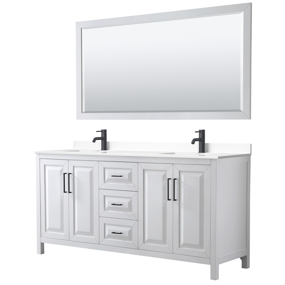 Daria 72" Double Vanity in White, White Marble Top, Black Trim, 70" Mirror