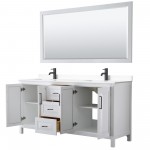 Daria 72" Double Vanity in White, White Marble Top, Black Trim, 70" Mirror