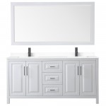 Daria 72" Double Vanity in White, White Marble Top, Black Trim, 70" Mirror