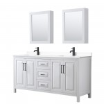 Daria 72" White Double Vanity, White Marble Top, Black Trim, Medicine Cabinets