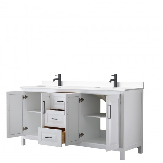 Daria 72" Double Vanity in White, White Cultured Marble Top, Black Trim