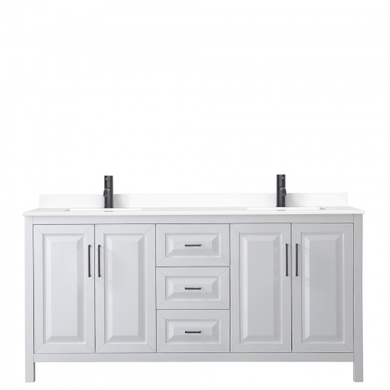 Daria 72" Double Vanity in White, White Cultured Marble Top, Black Trim