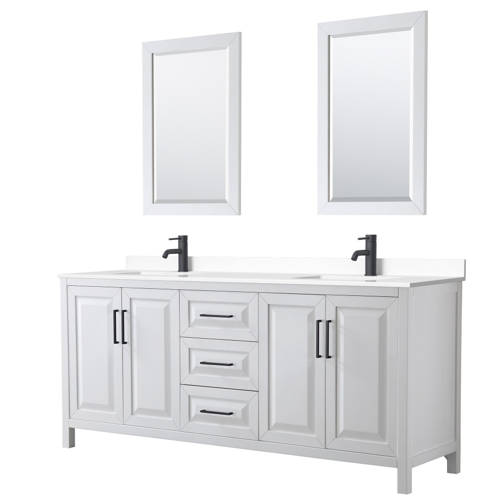 Daria 80" Double Vanity in White, White Marble Top, Black Trim, 24" Mirrors