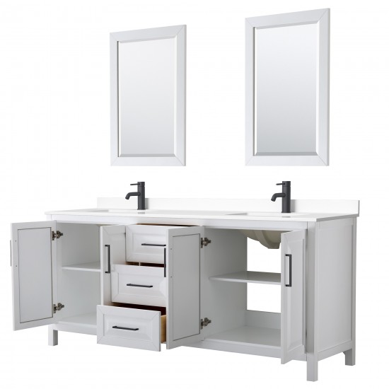 Daria 80" Double Vanity in White, White Marble Top, Black Trim, 24" Mirrors