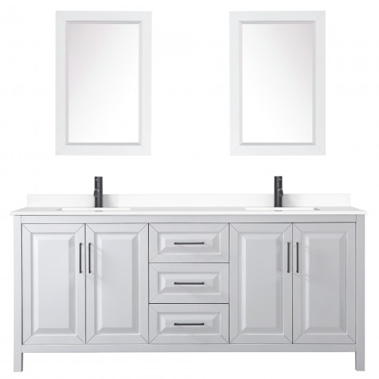 Daria 80" Double Vanity in White, White Marble Top, Black Trim, 24" Mirrors