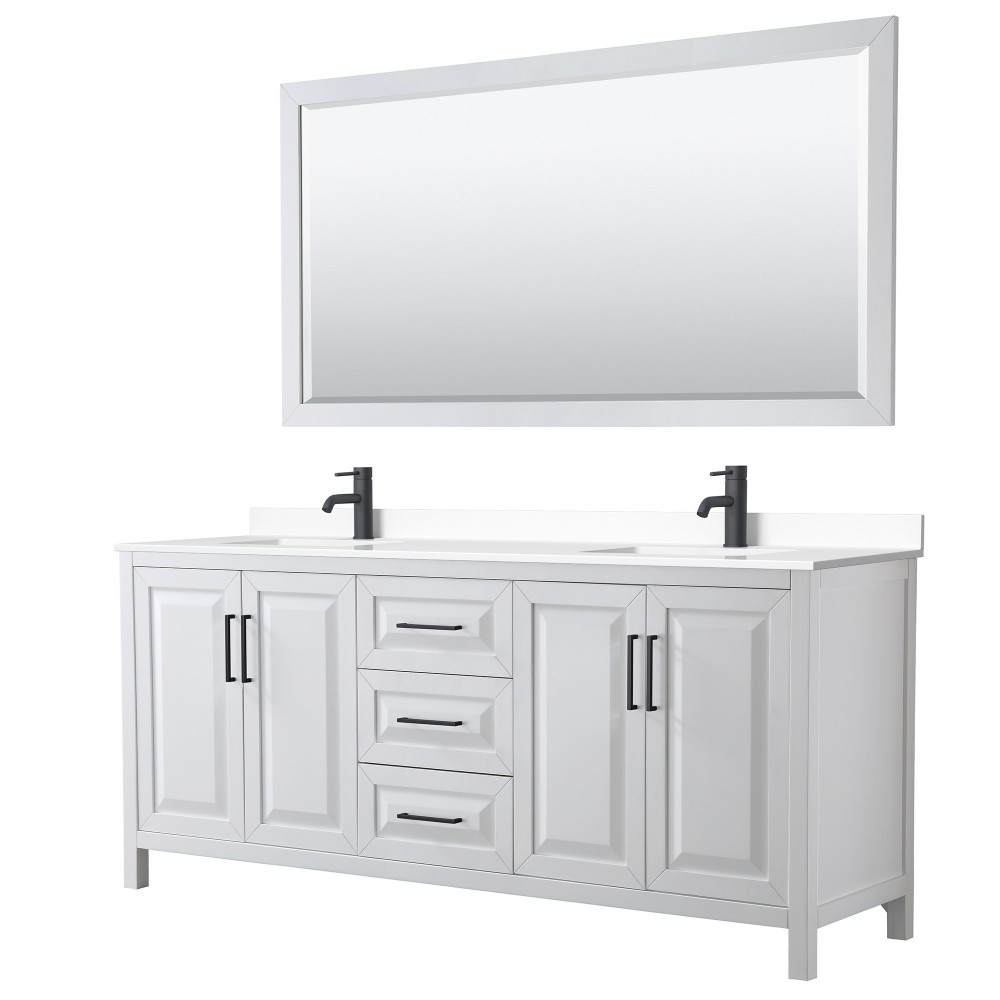 Daria 80" Double Vanity in White, White Marble Top, Black Trim, 70" Mirror