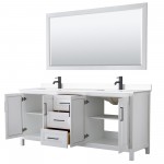 Daria 80" Double Vanity in White, White Marble Top, Black Trim, 70" Mirror