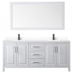 Daria 80" Double Vanity in White, White Marble Top, Black Trim, 70" Mirror