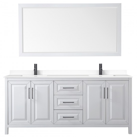 Daria 80" Double Vanity in White, White Marble Top, Black Trim, 70" Mirror