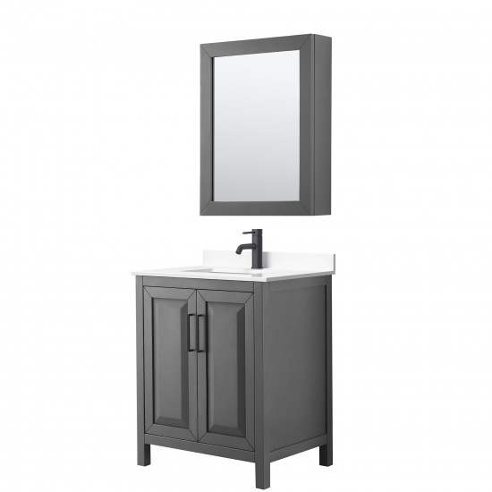 Daria 30" Gray Single Vanity, White Marble Top, Black Trim, Medicine Cabinet