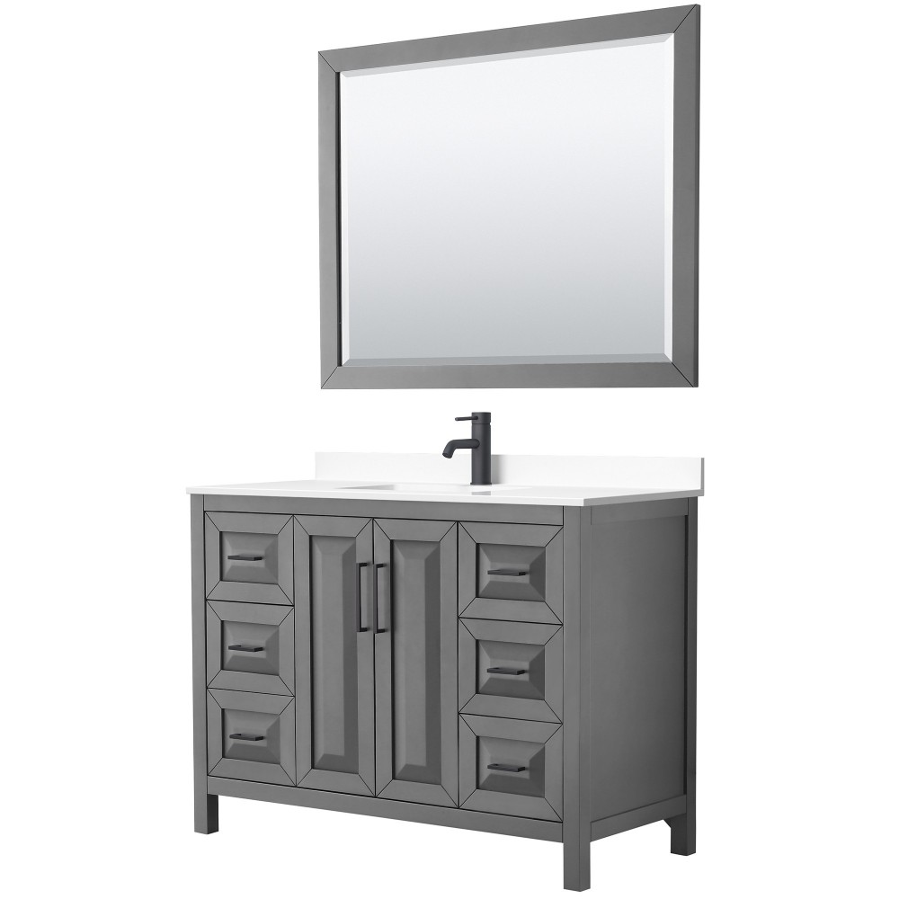 Daria 48" Single Vanity in Dark Gray, White Marble Top, Black Trim, 46" Mirror