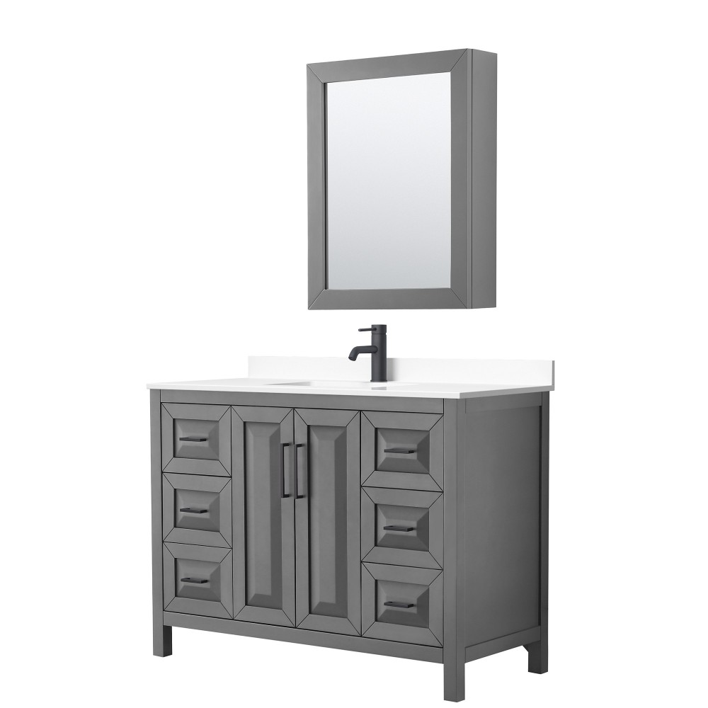 Daria 48" Gray Single Vanity, White Marble Top, Black Trim, Medicine Cabinet