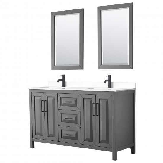 Daria 60" Double Vanity in Dark Gray, White Marble Top, Black Trim, 24" Mirrors