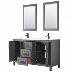 Daria 60" Double Vanity in Dark Gray, White Marble Top, Black Trim, 24" Mirrors