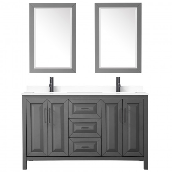 Daria 60" Double Vanity in Dark Gray, White Marble Top, Black Trim, 24" Mirrors