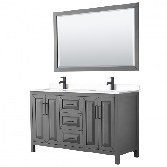 Daria 60" Double Vanity in Dark Gray, White Marble Top, Black Trim, 58" Mirror