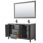 Daria 60" Double Vanity in Dark Gray, White Marble Top, Black Trim, 58" Mirror