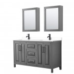 Daria 60" Gray Double Vanity, White Marble Top, Black Trim, Medicine Cabinets