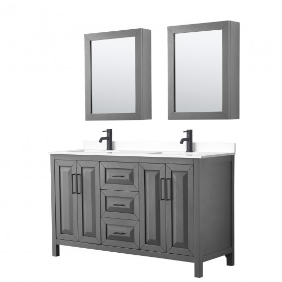 Daria 60" Gray Double Vanity, White Marble Top, Black Trim, Medicine Cabinets