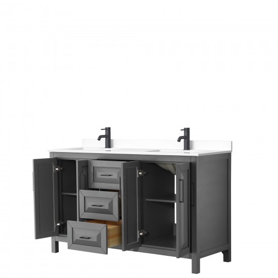 Daria 60" Double Vanity in Dark Gray, White Cultured Marble Top, Black Trim