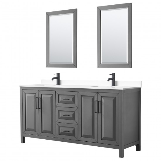 Daria 72" Double Vanity in Dark Gray, White Marble Top, Black Trim, 24" Mirrors