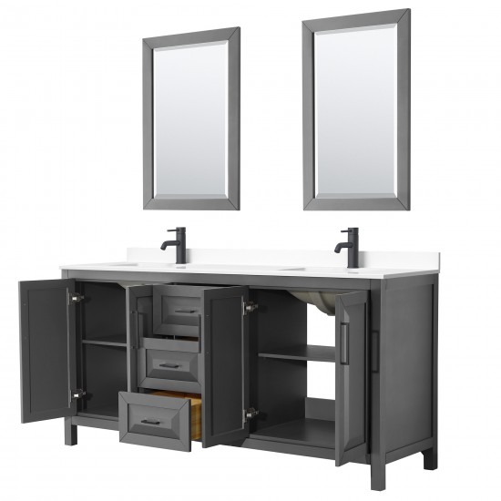 Daria 72" Double Vanity in Dark Gray, White Marble Top, Black Trim, 24" Mirrors