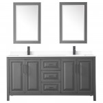 Daria 72" Double Vanity in Dark Gray, White Marble Top, Black Trim, 24" Mirrors