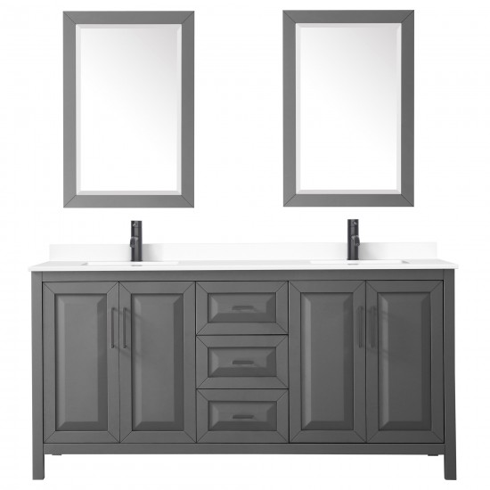 Daria 72" Double Vanity in Dark Gray, White Marble Top, Black Trim, 24" Mirrors