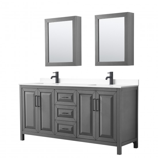 Daria 72" Gray Double Vanity, White Marble Top, Black Trim, Medicine Cabinets