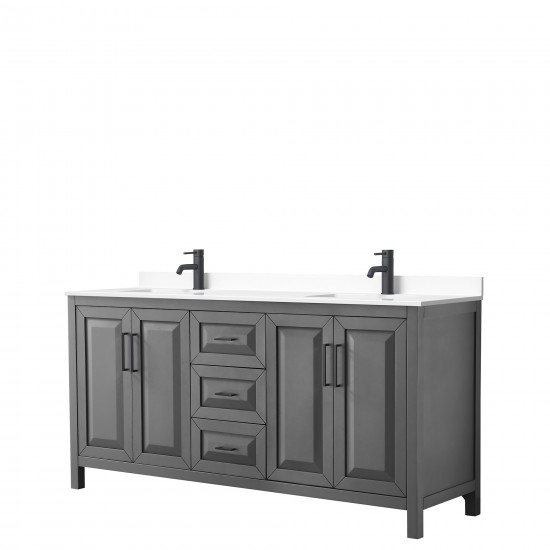 Daria 72" Double Vanity in Dark Gray, White Cultured Marble Top, Black Trim