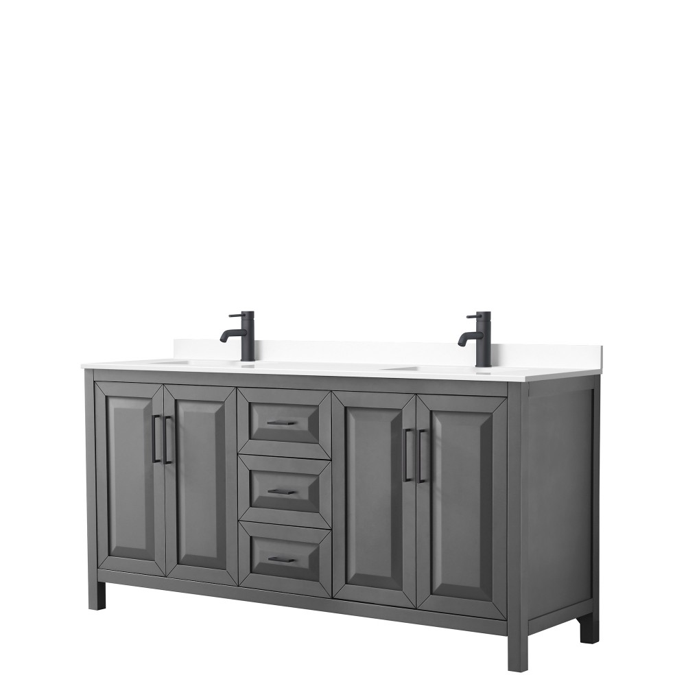 Daria 72" Double Vanity in Dark Gray, White Cultured Marble Top, Black Trim