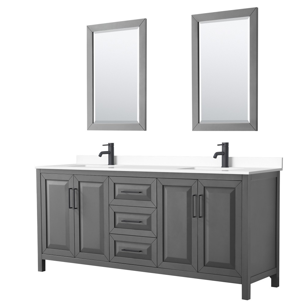 Daria 80" Double Vanity in Dark Gray, White Marble Top, Black Trim, 24" Mirrors