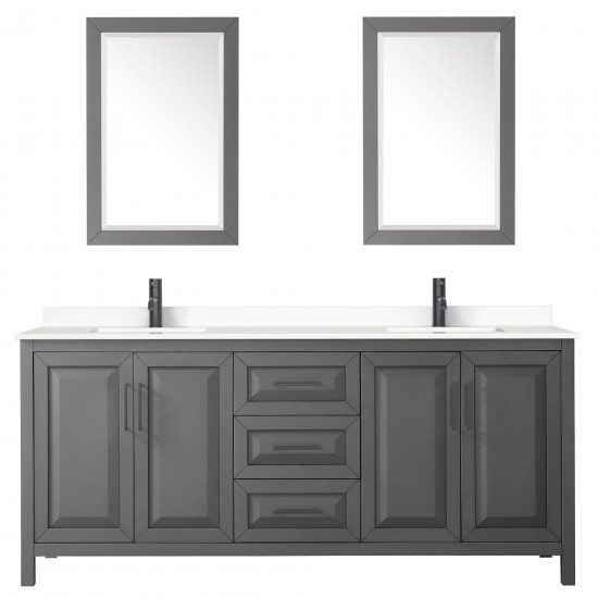 Daria 80" Double Vanity in Dark Gray, White Marble Top, Black Trim, 24" Mirrors