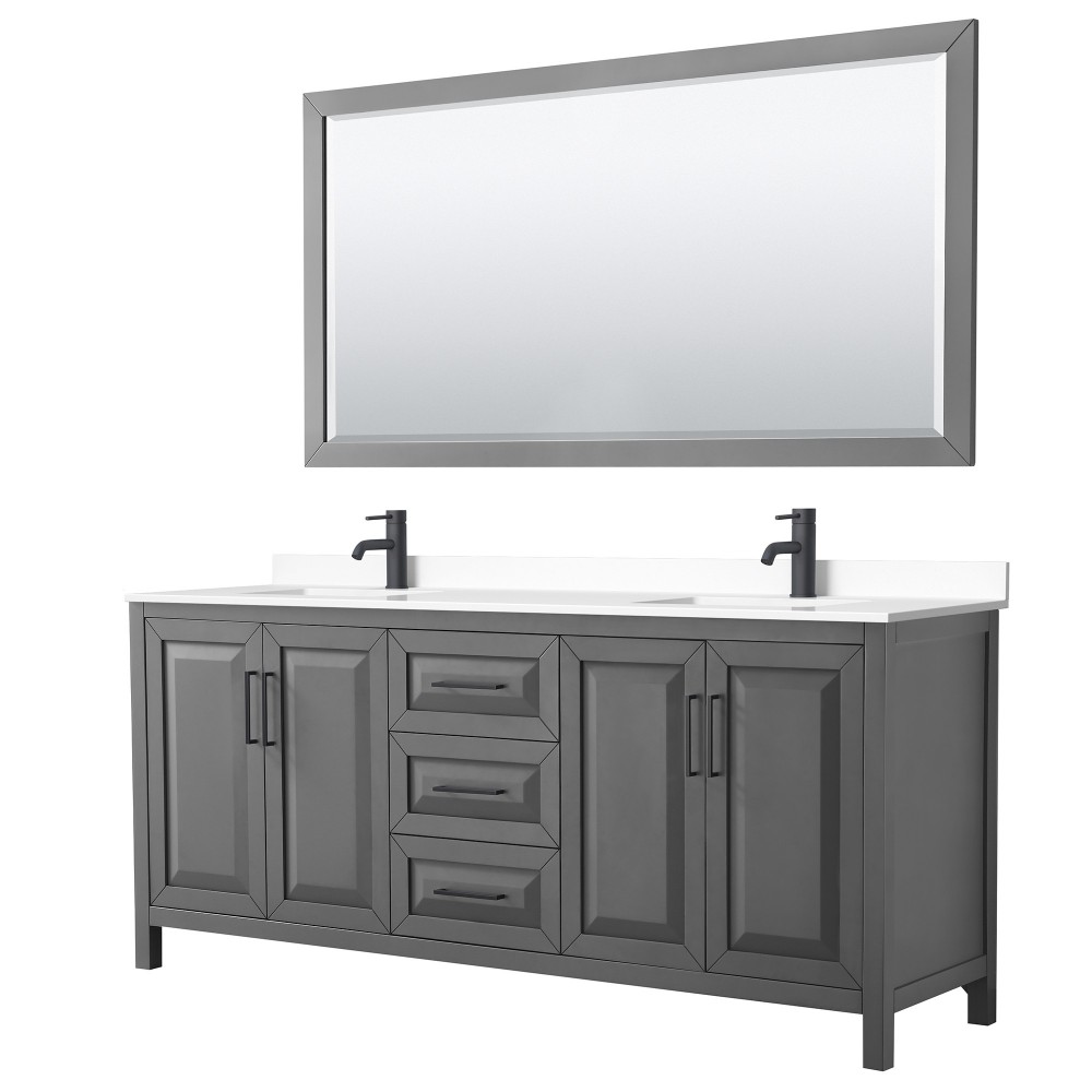 Daria 80" Double Vanity in Dark Gray, White Marble Top, Black Trim, 70" Mirror