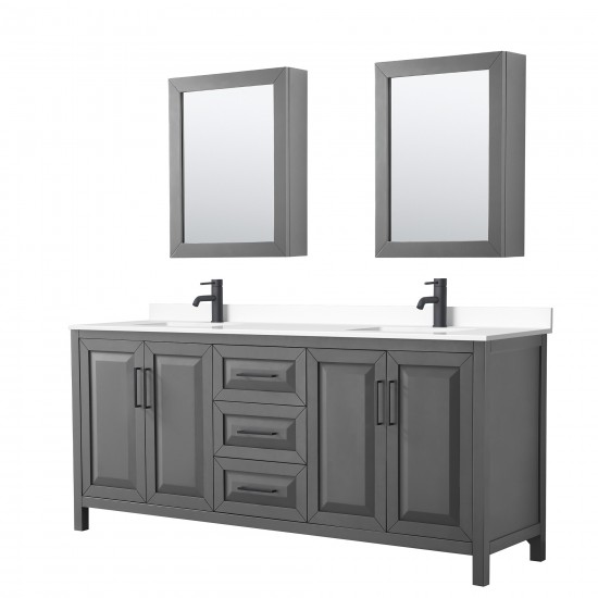 Daria 80" Gray Double Vanity, White Marble Top, Black Trim, Medicine Cabinets