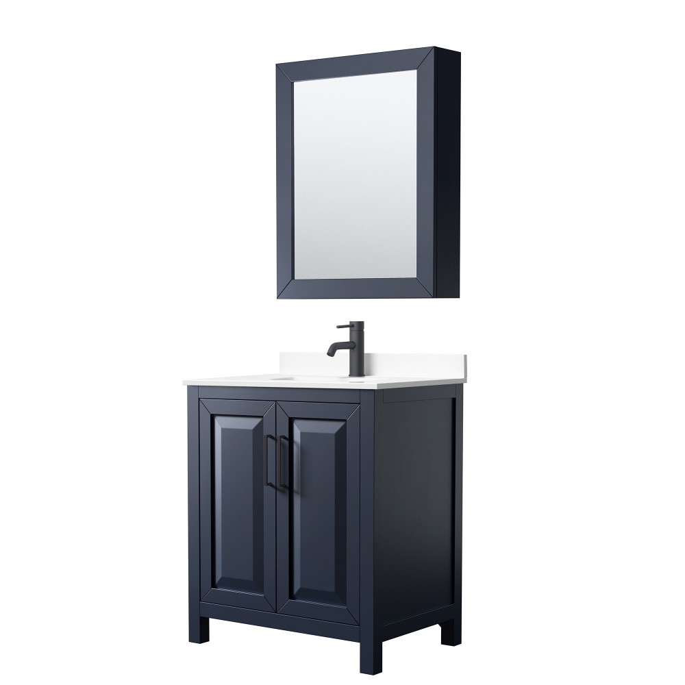 Daria 30" Blue Single Vanity, White Marble Top, Black Trim, Medicine Cabinet