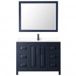 Daria 48" Single Vanity in Dark Blue, White Marble Top, Black Trim, 46" Mirror