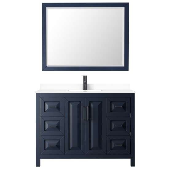 Daria 48" Single Vanity in Dark Blue, White Marble Top, Black Trim, 46" Mirror