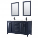 Daria 60" Double Vanity in Dark Blue, White Marble Top, Black Trim, 24" Mirrors